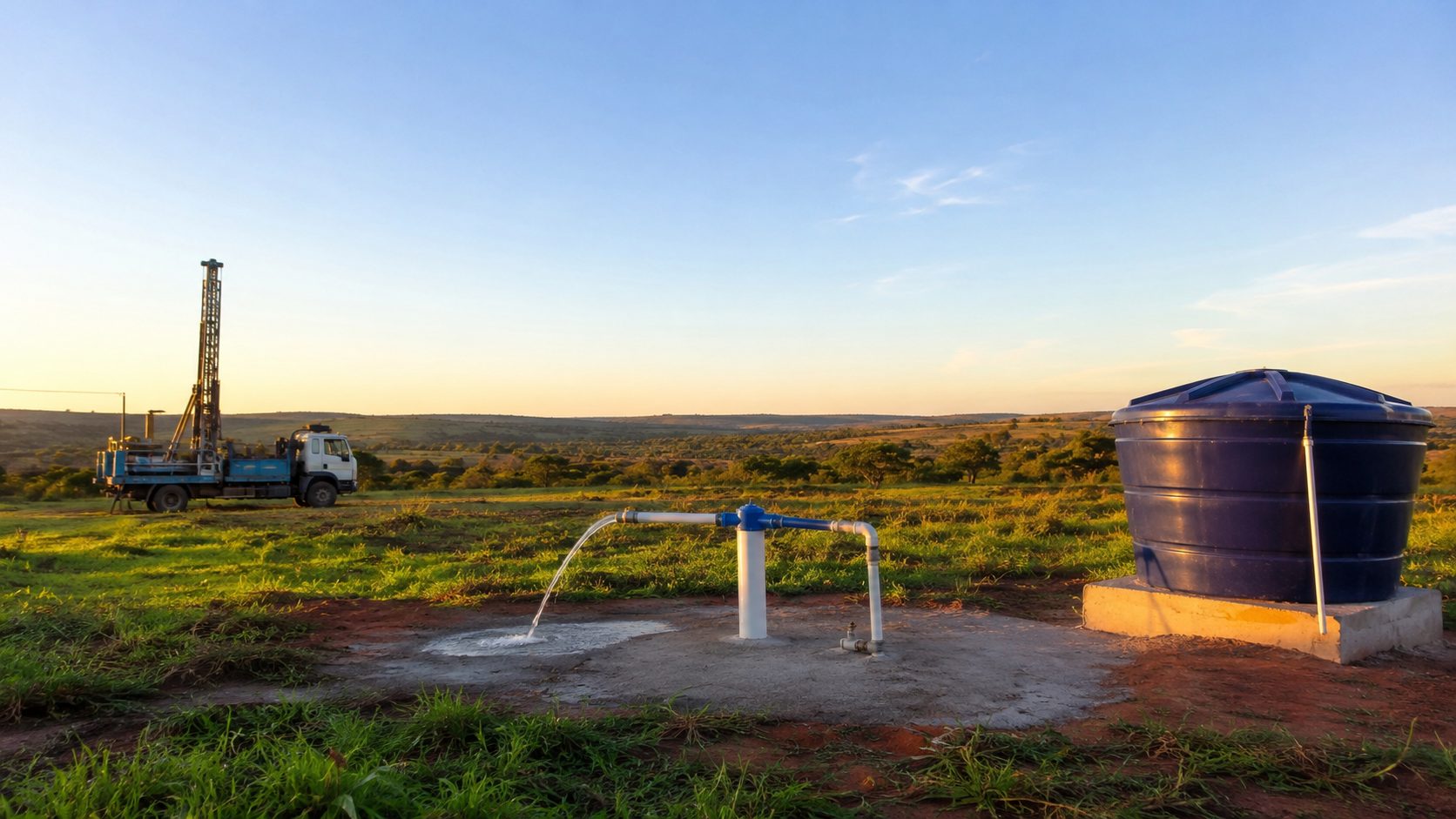 Poço artesiano jorrando água no campo ao entardecer, com perfuratriz ao fundo